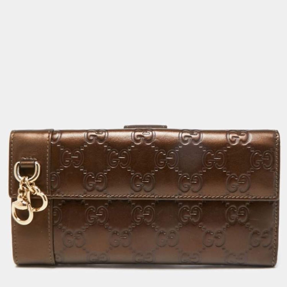 Gucci Bronze Guccissima Leather Charm Flap Continental Wallet